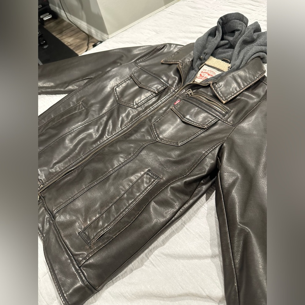 Levi’s leather bomber jacket with hood. Size small